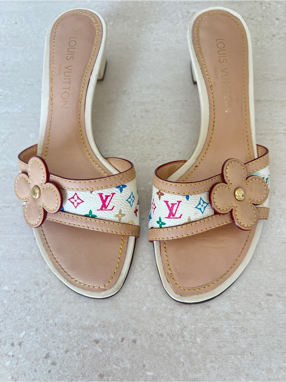 Louis Vuitton Beige Multicolor Monogram Flower Slide Mules - Picture 3 of 10